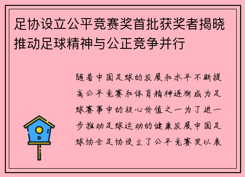 足协设立公平竞赛奖首批获奖者揭晓推动足球精神与公正竞争并行