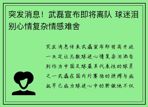 突发消息！武磊宣布即将离队 球迷泪别心情复杂情感难舍